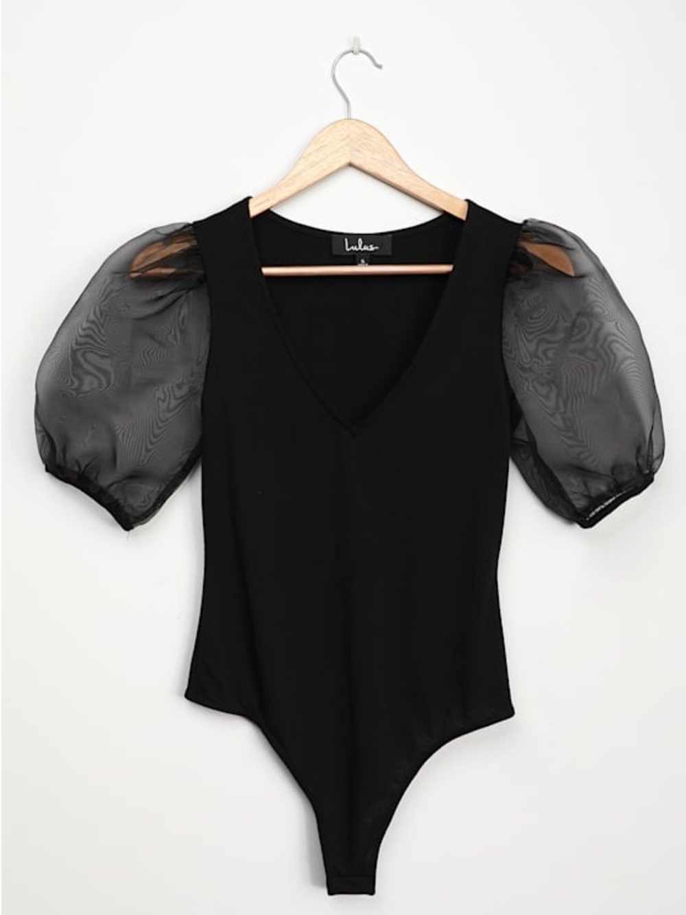 Lulu's Black V-Neck Bodysuit with Sheer Puff Sleeves